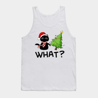 Funny Black Cat Wearing Santa Hat Pushing Christmas Tree Over Cat What? Tank Top